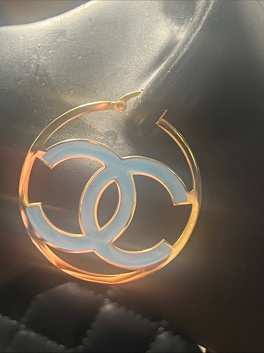 Gold Stainless Steel Hoop Earrings with Light Blue Interlocking Logo-Reversible